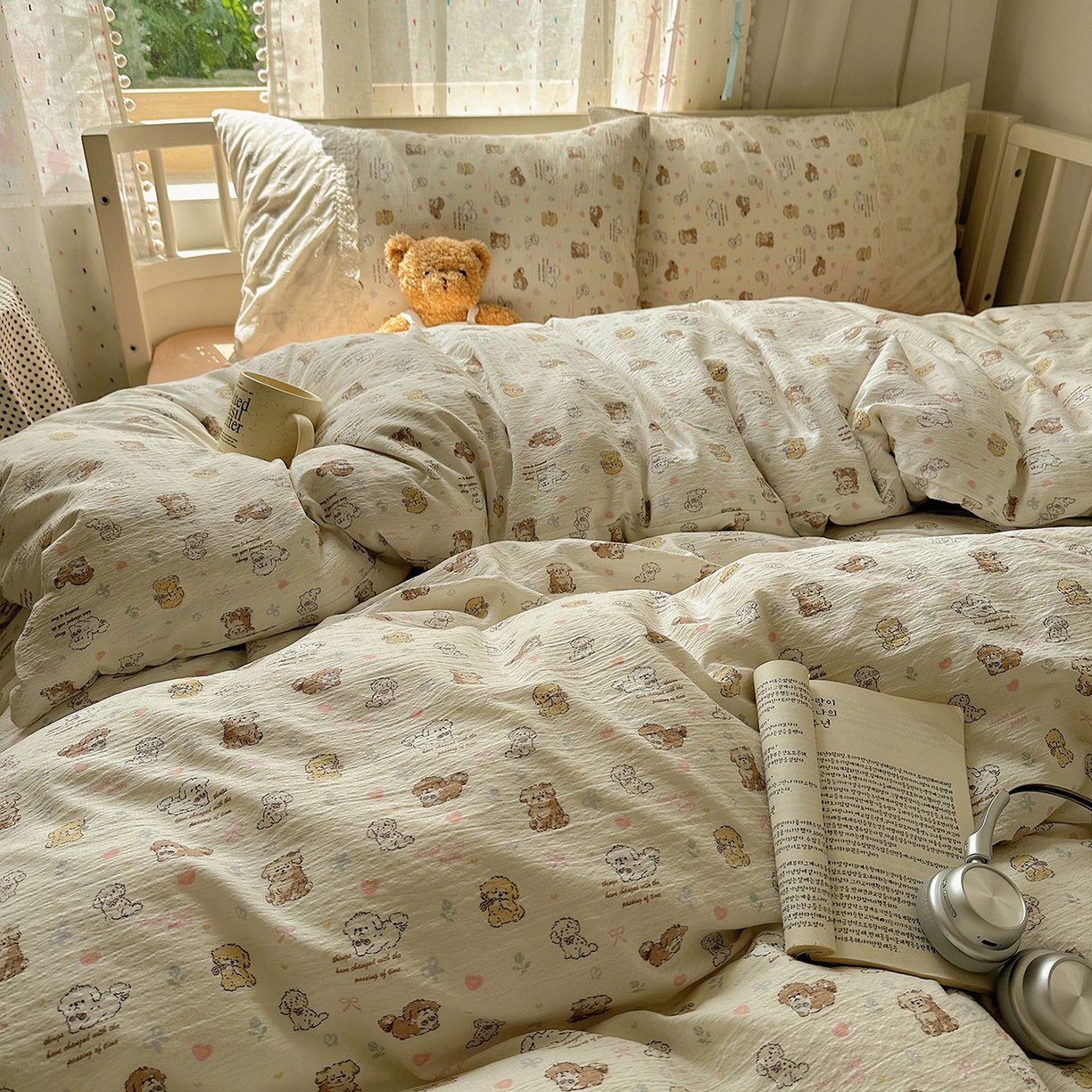 91家纺网 家纺一手货源 找家纺 沐芷 2026 【提供买家秀】宽花边四件套公主风A类双层纱床上用品三件套被套床笠 宽花边-奶萌小狗