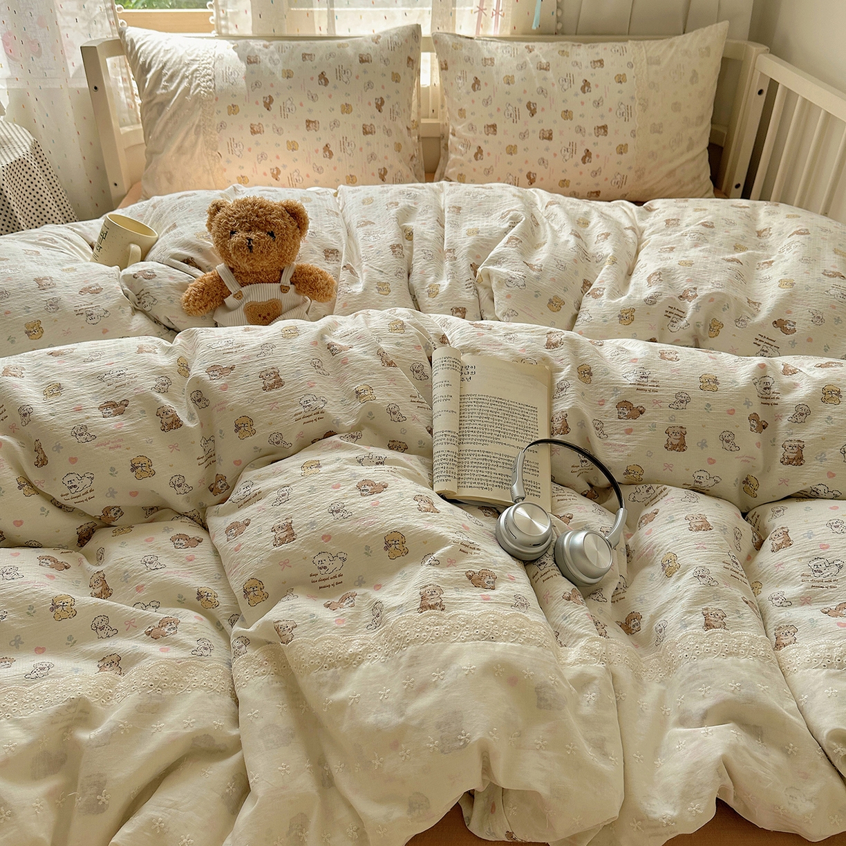 91家纺网 家纺一手货源 找家纺 沐芷 2026 【提供买家秀】宽花边四件套公主风A类双层纱床上用品三件套被套床笠 宽花边-奶萌小狗