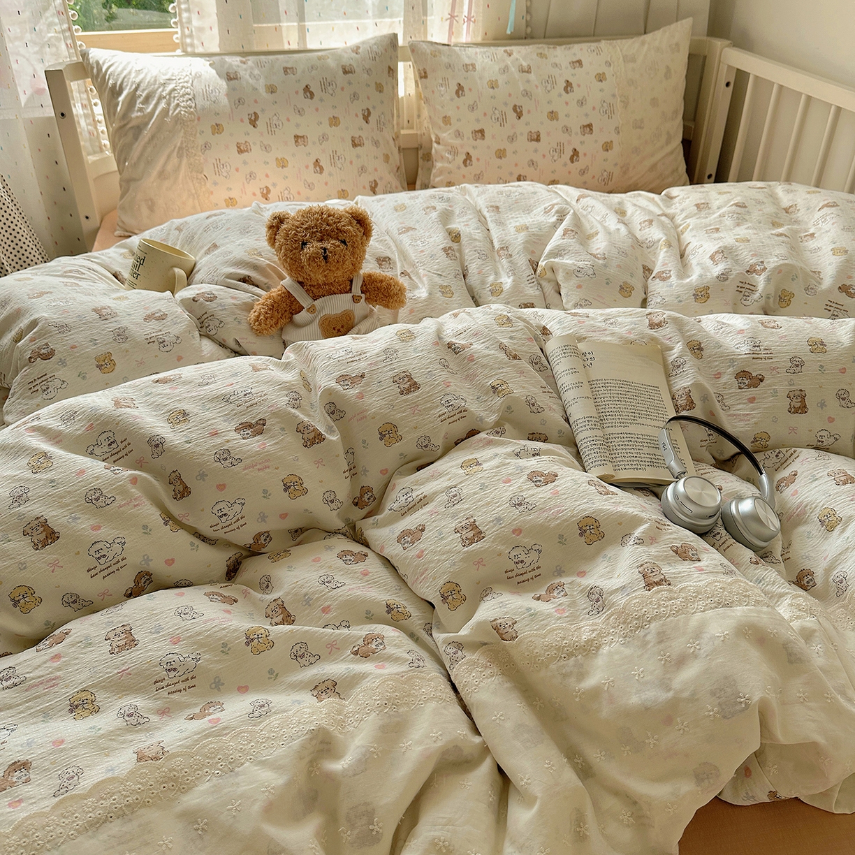 91家纺网 家纺一手货源 找家纺 沐芷 2026 【提供买家秀】宽花边四件套公主风A类双层纱床上用品三件套被套床笠 宽花边-奶萌小狗