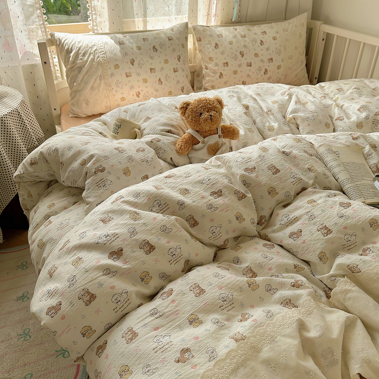 91家纺网 家纺一手货源 找家纺 沐芷 2026 【提供买家秀】宽花边四件套公主风A类双层纱床上用品三件套被套床笠 宽花边-奶萌小狗