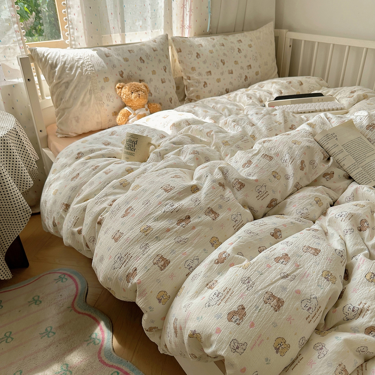 91家纺网 家纺一手货源 找家纺 沐芷 2026 【提供买家秀】宽花边四件套公主风A类双层纱床上用品三件套被套床笠 宽花边-奶萌小狗