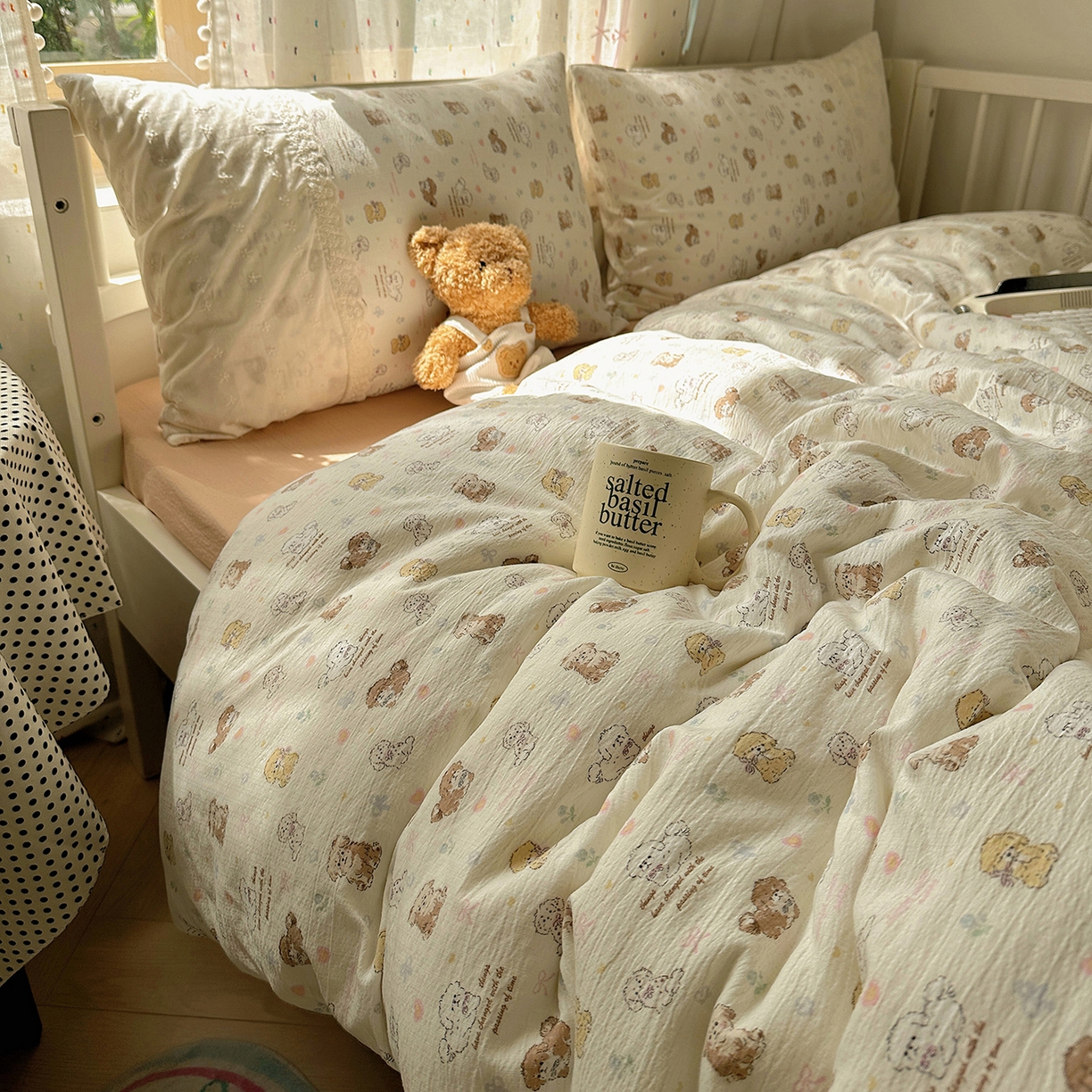 91家纺网 家纺一手货源 找家纺 沐芷 2026 【提供买家秀】宽花边四件套公主风A类双层纱床上用品三件套被套床笠 宽花边-奶萌小狗