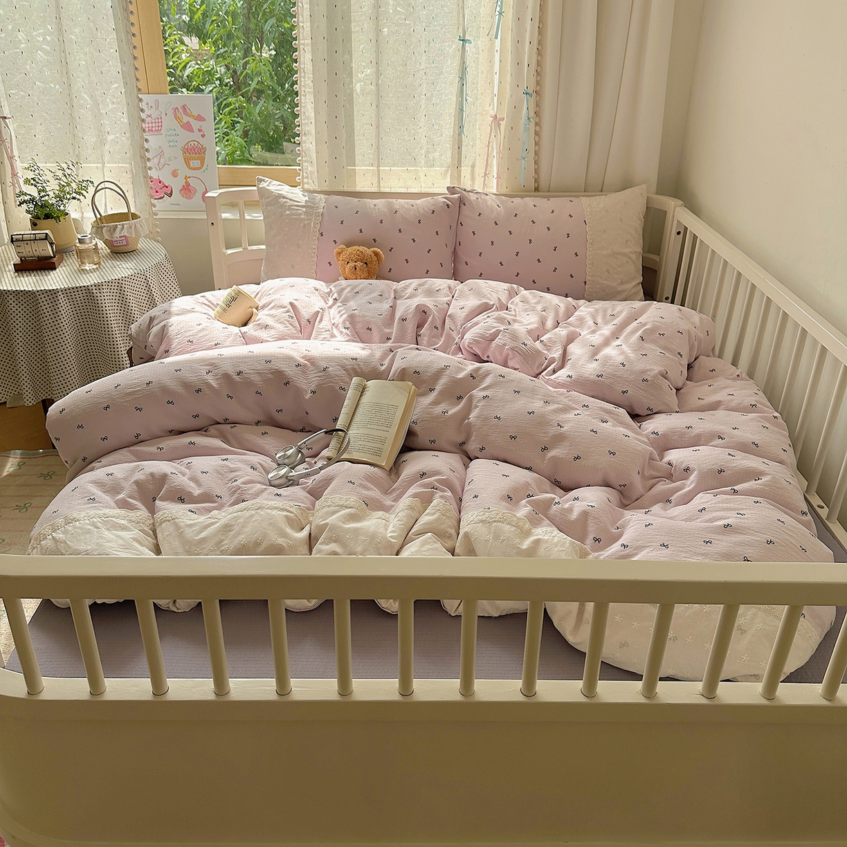 91家纺网 家纺一手货源 找家纺 沐芷 2026 【提供买家秀】宽花边四件套公主风A类双层纱床上用品三件套被套床笠 宽花边-晚安小紫