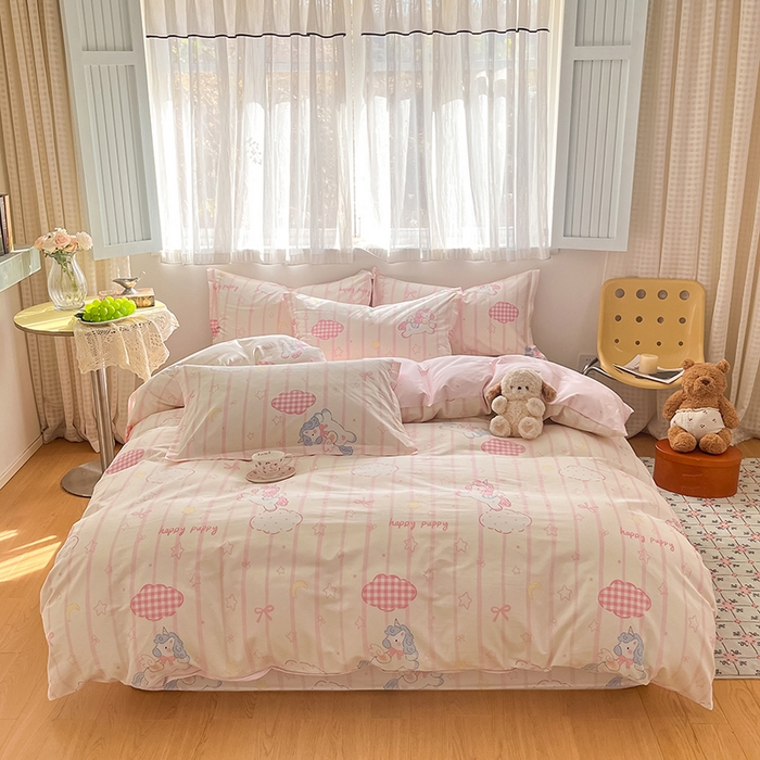 91家纺网 家纺一手货源 找家纺 花梦欣 2026新款全棉印花系列简约卡通款单被套 粉色独角兽