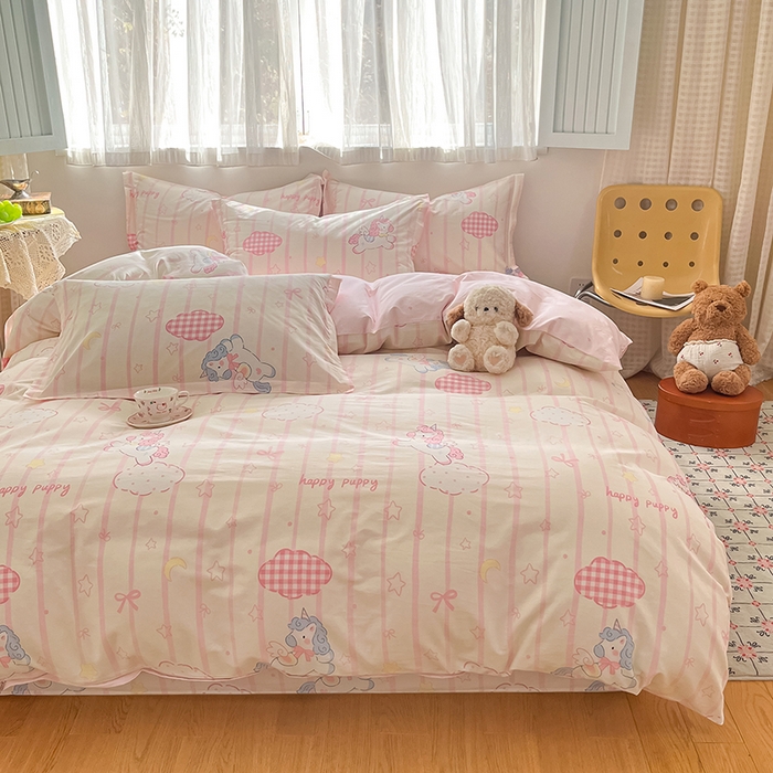 91家纺网 家纺一手货源 找家纺 花梦欣 2026新款全棉印花系列简约卡通款单被套 粉色独角兽