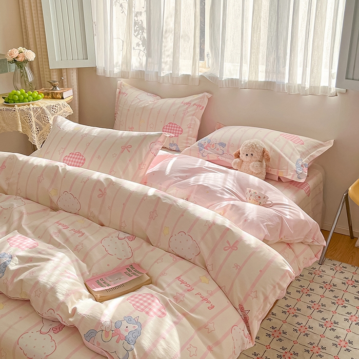 91家纺网 家纺一手货源 找家纺 花梦欣 2026新款全棉印花系列简约卡通款单被套 粉色独角兽