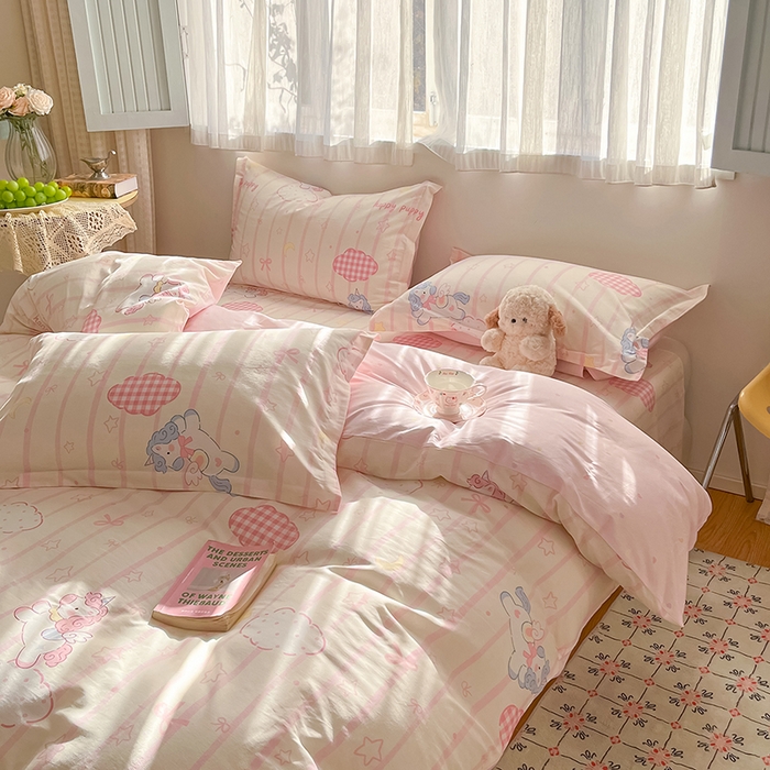 91家纺网 家纺一手货源 找家纺 花梦欣 2026新款全棉印花系列简约卡通款单被套 粉色独角兽