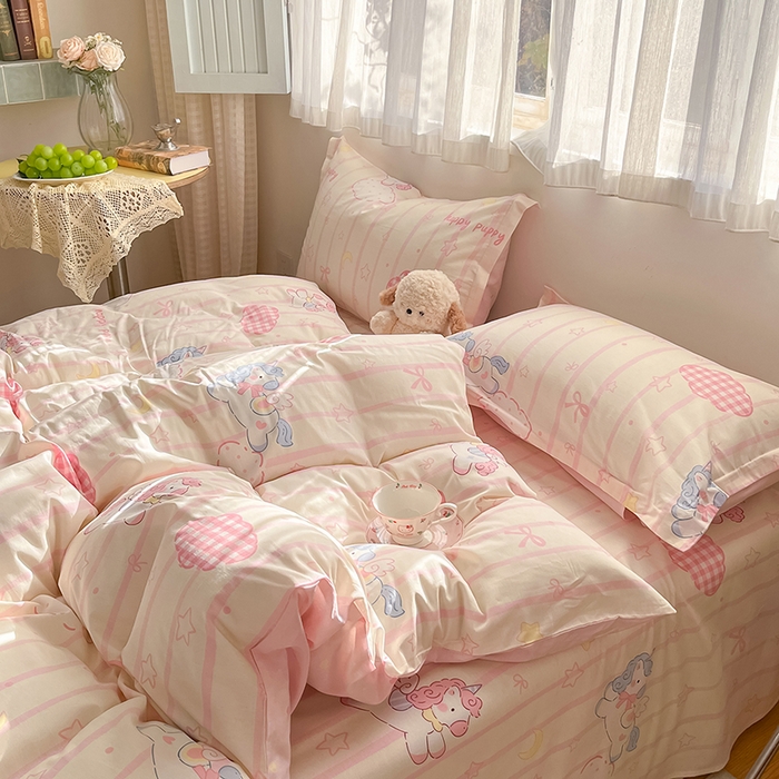 91家纺网 家纺一手货源 找家纺 花梦欣 2026新款全棉印花系列简约卡通款单被套 粉色独角兽