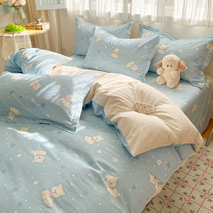 91家纺网 家纺一手货源 找家纺 花梦欣 2026新款全棉印花系列简约卡通款单被套 蓝色泡芙狗