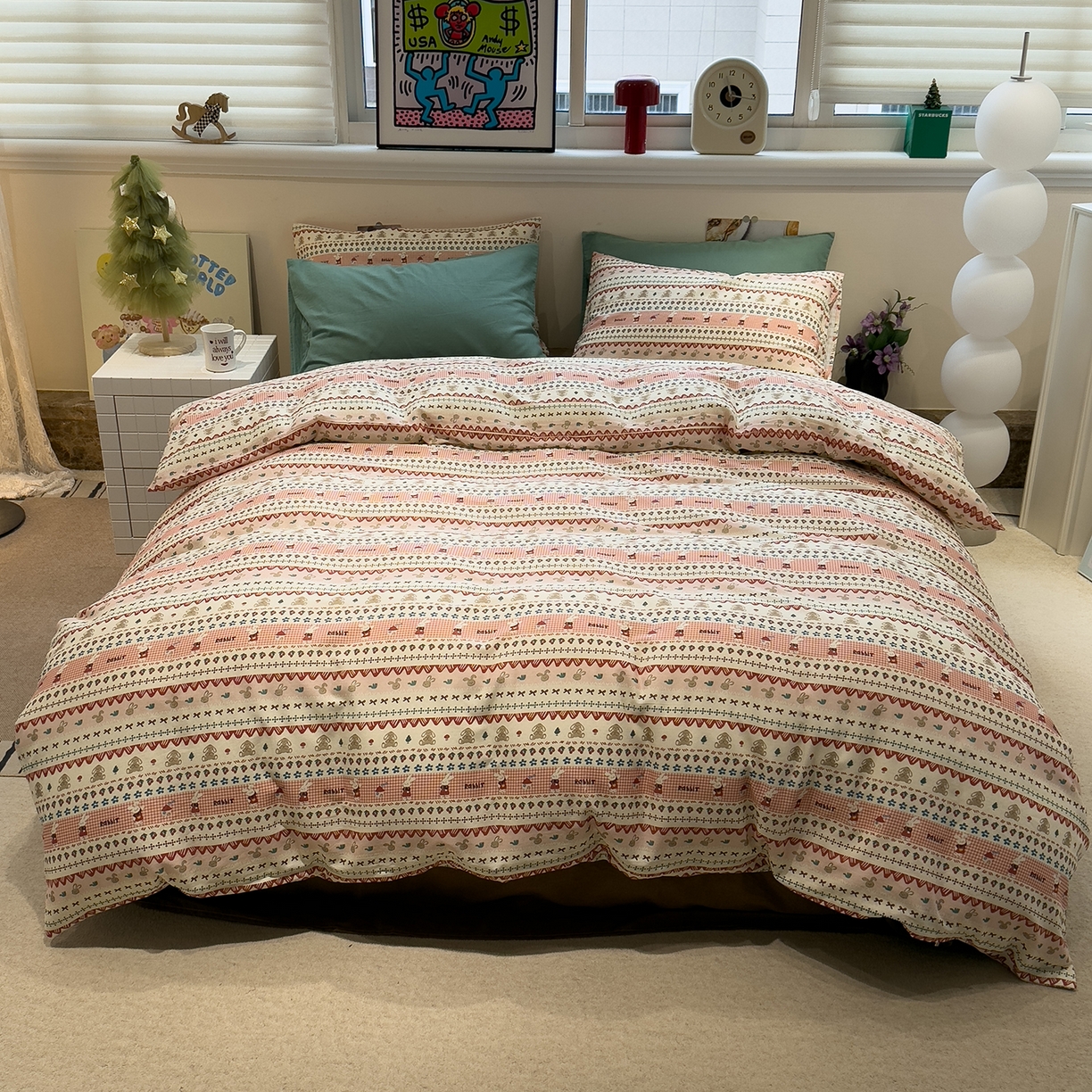 91家纺网 家纺一手货源 找家纺 呗旺鹿 2026新款全棉撞色双层纱四件套 双层纱-喜喜兔