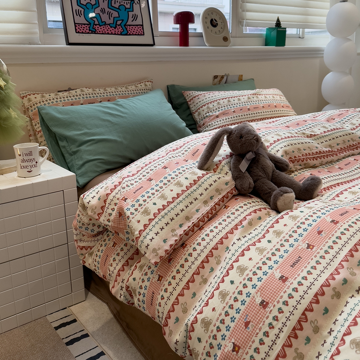 91家纺网 家纺一手货源 找家纺 呗旺鹿 2026新款全棉撞色双层纱四件套 双层纱-喜喜兔