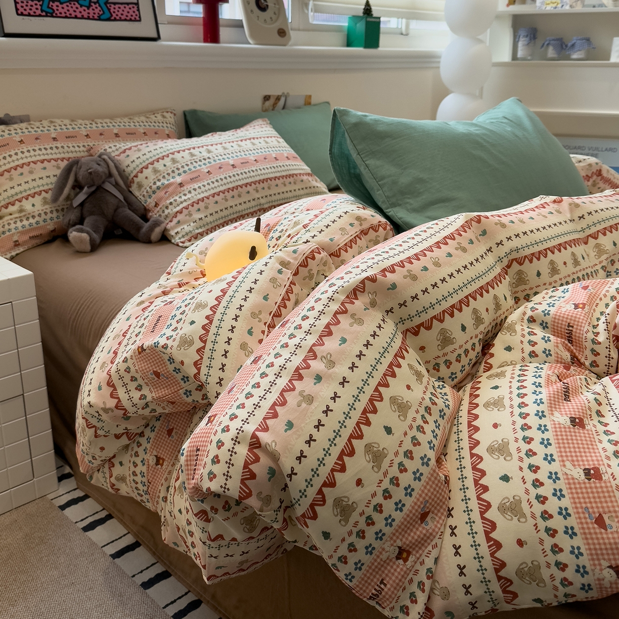 91家纺网 家纺一手货源 找家纺 呗旺鹿 2026新款全棉撞色双层纱四件套 双层纱-喜喜兔