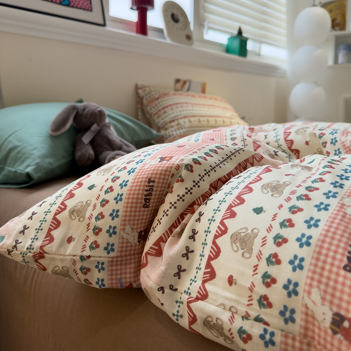 91家纺网 家纺一手货源 找家纺 呗旺鹿 2026新款全棉撞色双层纱四件套 双层纱-喜喜兔