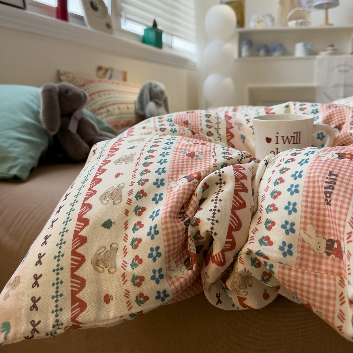 91家纺网 家纺一手货源 找家纺 呗旺鹿 2026新款全棉撞色双层纱四件套 双层纱-喜喜兔