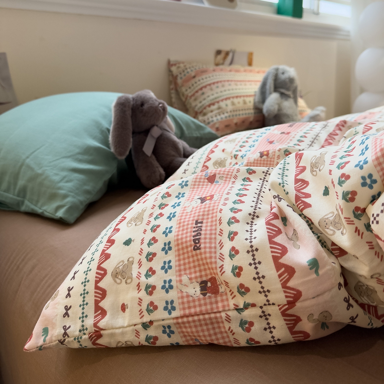 91家纺网 家纺一手货源 找家纺 呗旺鹿 2026新款全棉撞色双层纱四件套 双层纱-喜喜兔