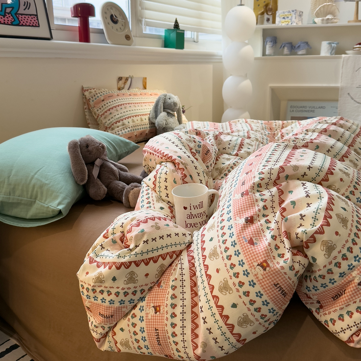 91家纺网 家纺一手货源 找家纺 呗旺鹿 2026新款全棉撞色双层纱四件套 双层纱-喜喜兔