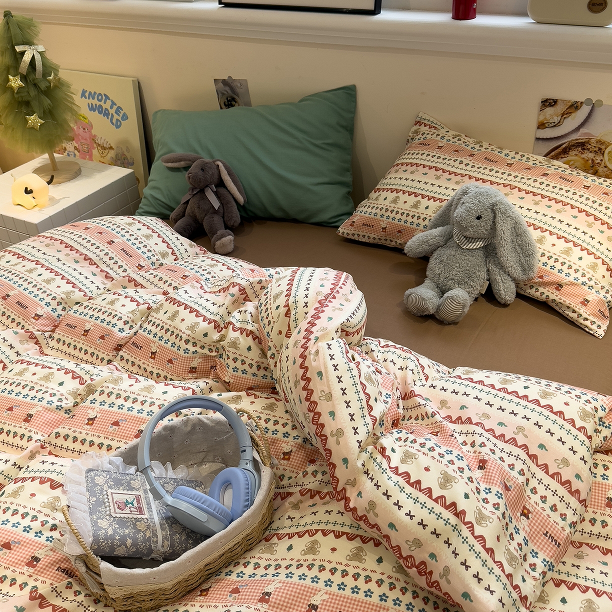 91家纺网 家纺一手货源 找家纺 呗旺鹿 2026新款全棉撞色双层纱四件套 双层纱-喜喜兔