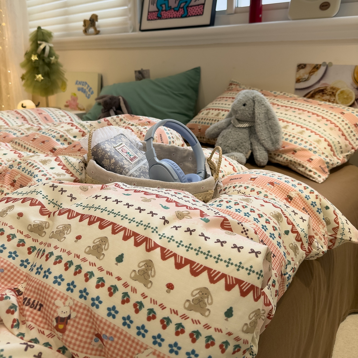 91家纺网 家纺一手货源 找家纺 呗旺鹿 2026新款全棉撞色双层纱四件套 双层纱-喜喜兔