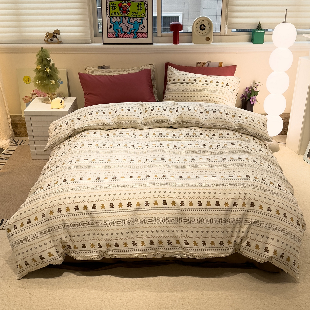 91家纺网 家纺一手货源 找家纺 呗旺鹿 2026新款全棉撞色双层纱四件套 双层纱-费尔岛小熊