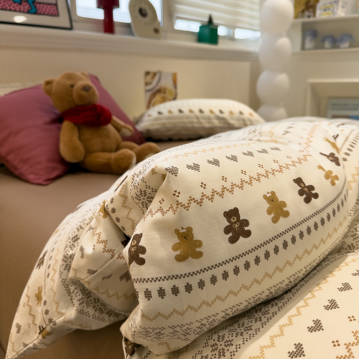 91家纺网 家纺一手货源 找家纺 呗旺鹿 2026新款全棉撞色双层纱四件套 双层纱-费尔岛小熊