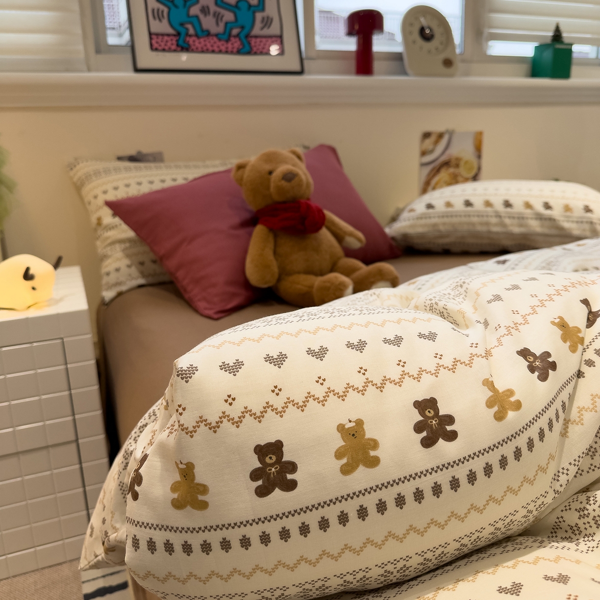 91家纺网 家纺一手货源 找家纺 呗旺鹿 2026新款全棉撞色双层纱四件套 双层纱-费尔岛小熊