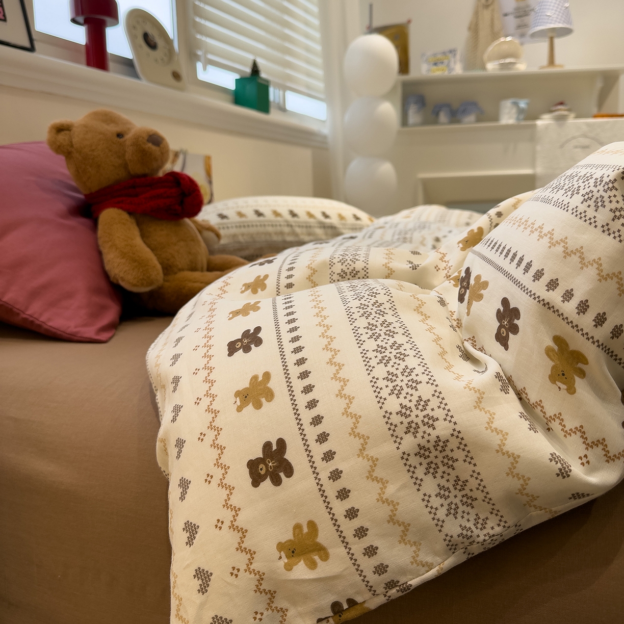 91家纺网 家纺一手货源 找家纺 呗旺鹿 2026新款全棉撞色双层纱四件套 双层纱-费尔岛小熊