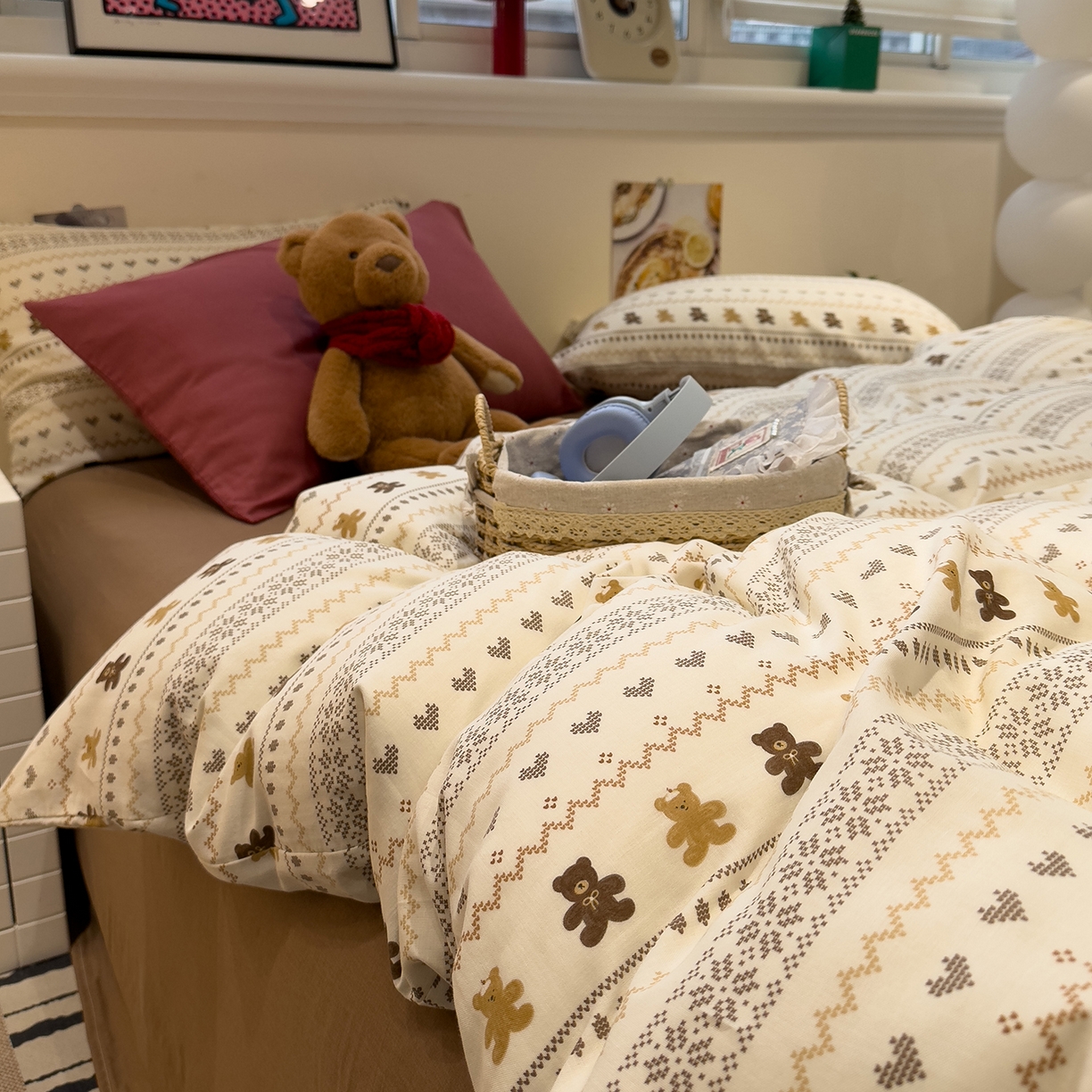 91家纺网 家纺一手货源 找家纺 呗旺鹿 2026新款全棉撞色双层纱四件套 双层纱-费尔岛小熊