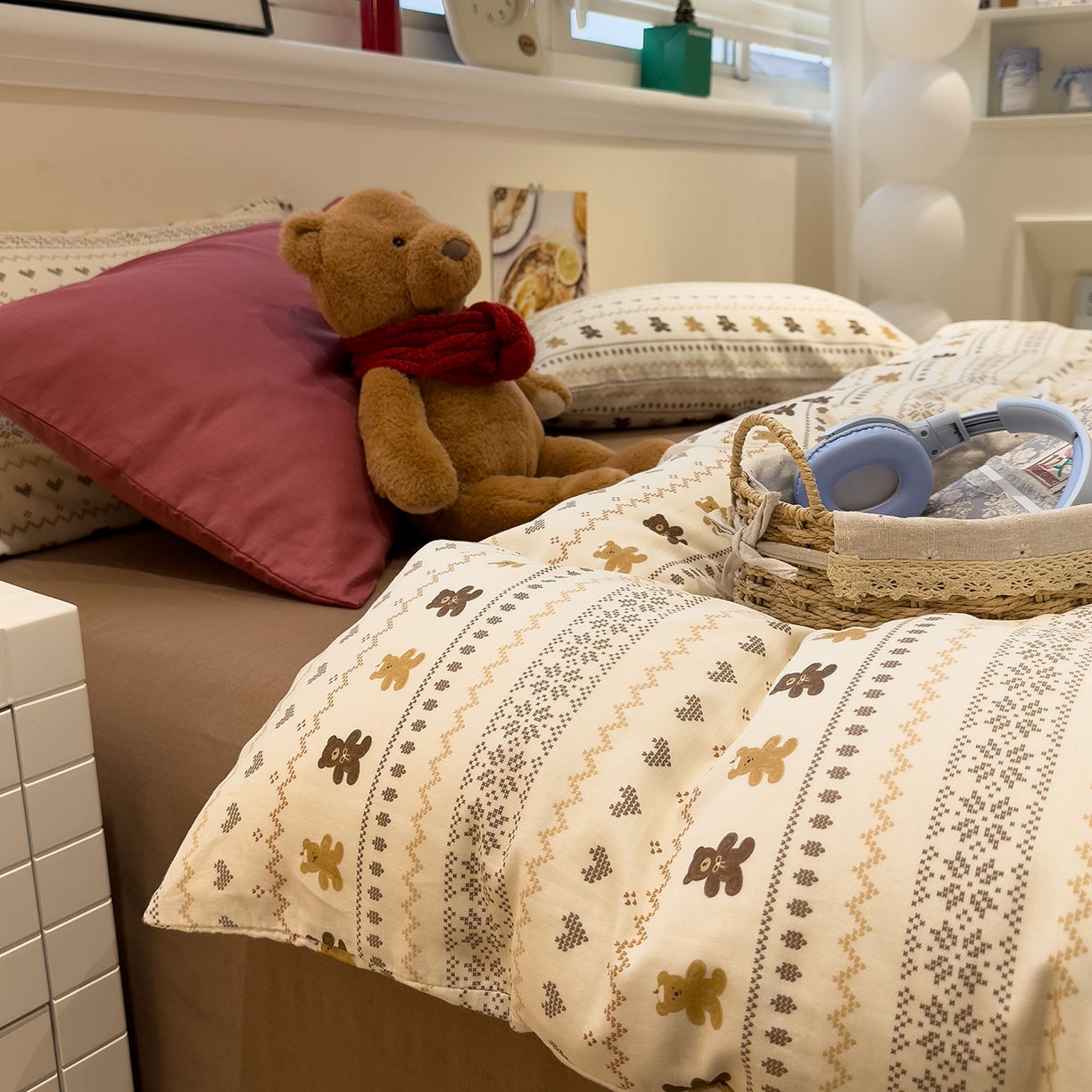 91家纺网 家纺一手货源 找家纺 呗旺鹿 2026新款全棉撞色双层纱四件套 双层纱-费尔岛小熊