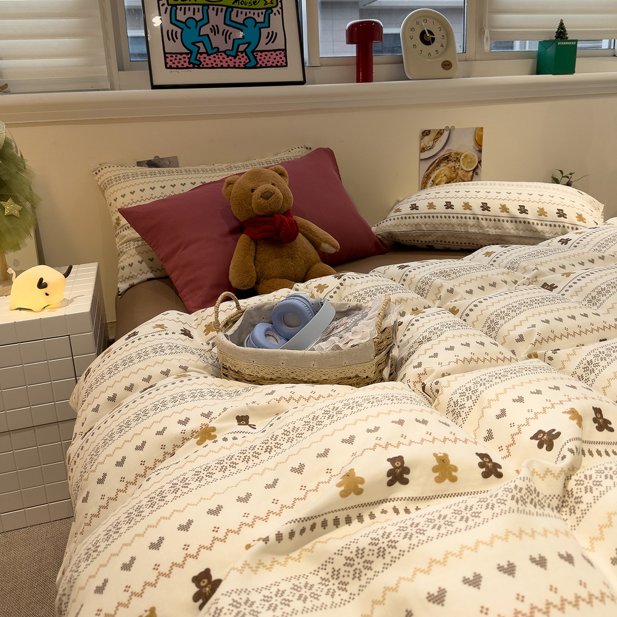 91家纺网 家纺一手货源 找家纺 呗旺鹿 2026新款全棉撞色双层纱四件套 双层纱-费尔岛小熊