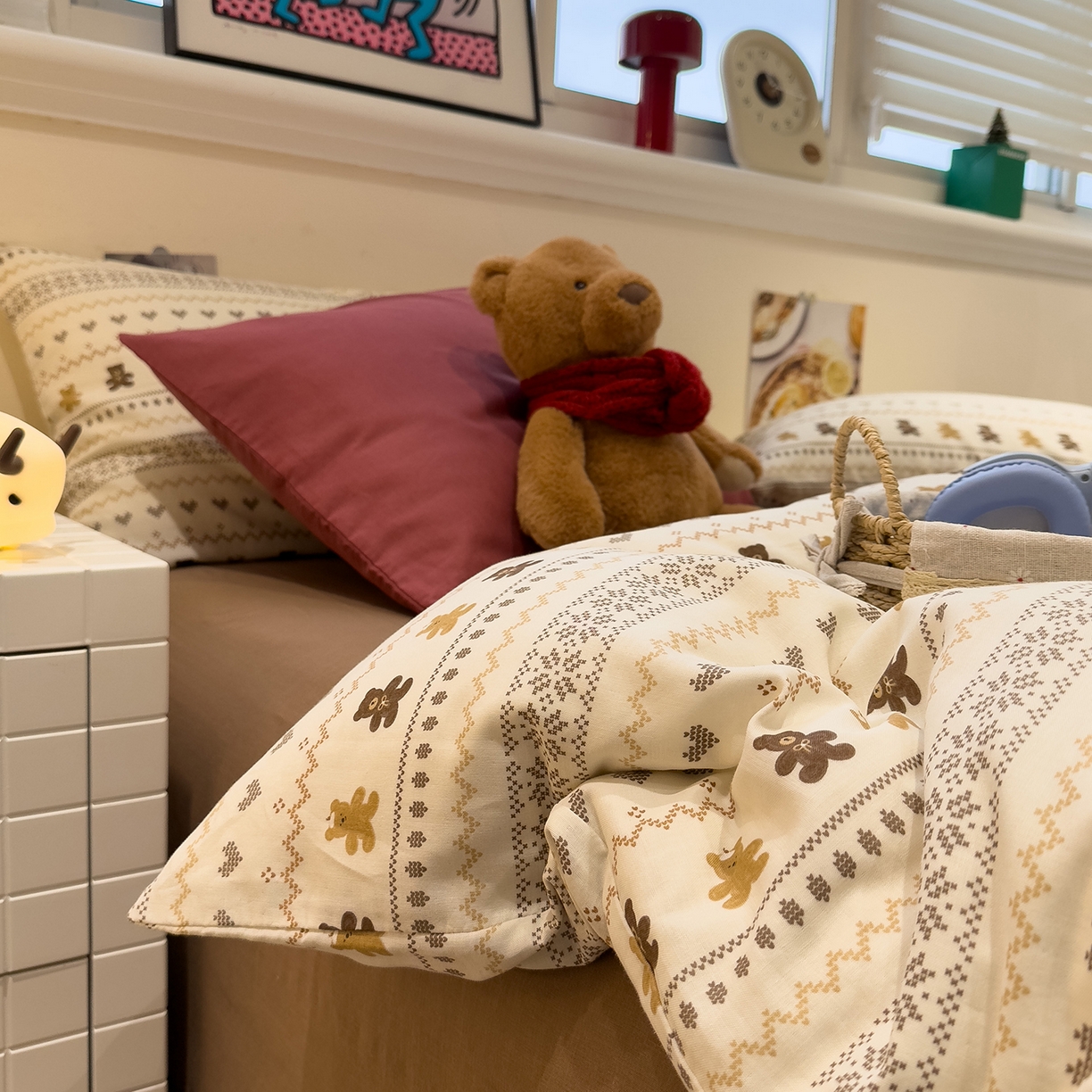 91家纺网 家纺一手货源 找家纺 呗旺鹿 2026新款全棉撞色双层纱四件套 双层纱-费尔岛小熊