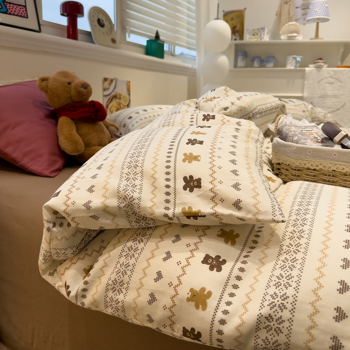 91家纺网 家纺一手货源 找家纺 呗旺鹿 2026新款全棉撞色双层纱四件套 双层纱-费尔岛小熊