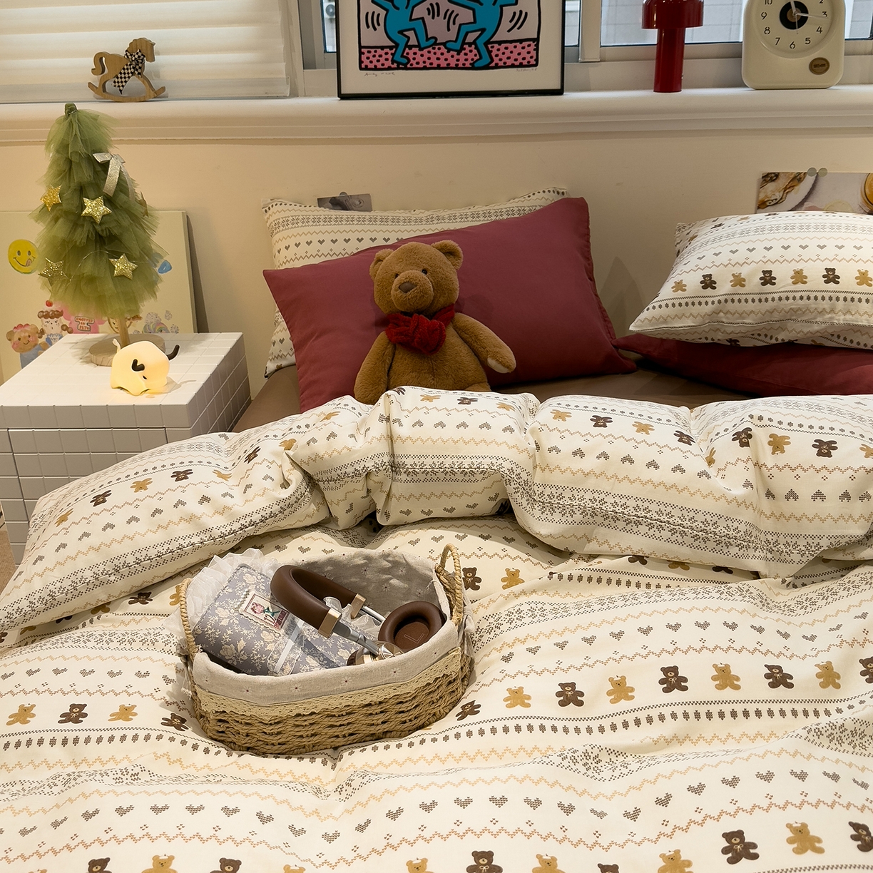 91家纺网 家纺一手货源 找家纺 呗旺鹿 2026新款全棉撞色双层纱四件套 双层纱-费尔岛小熊