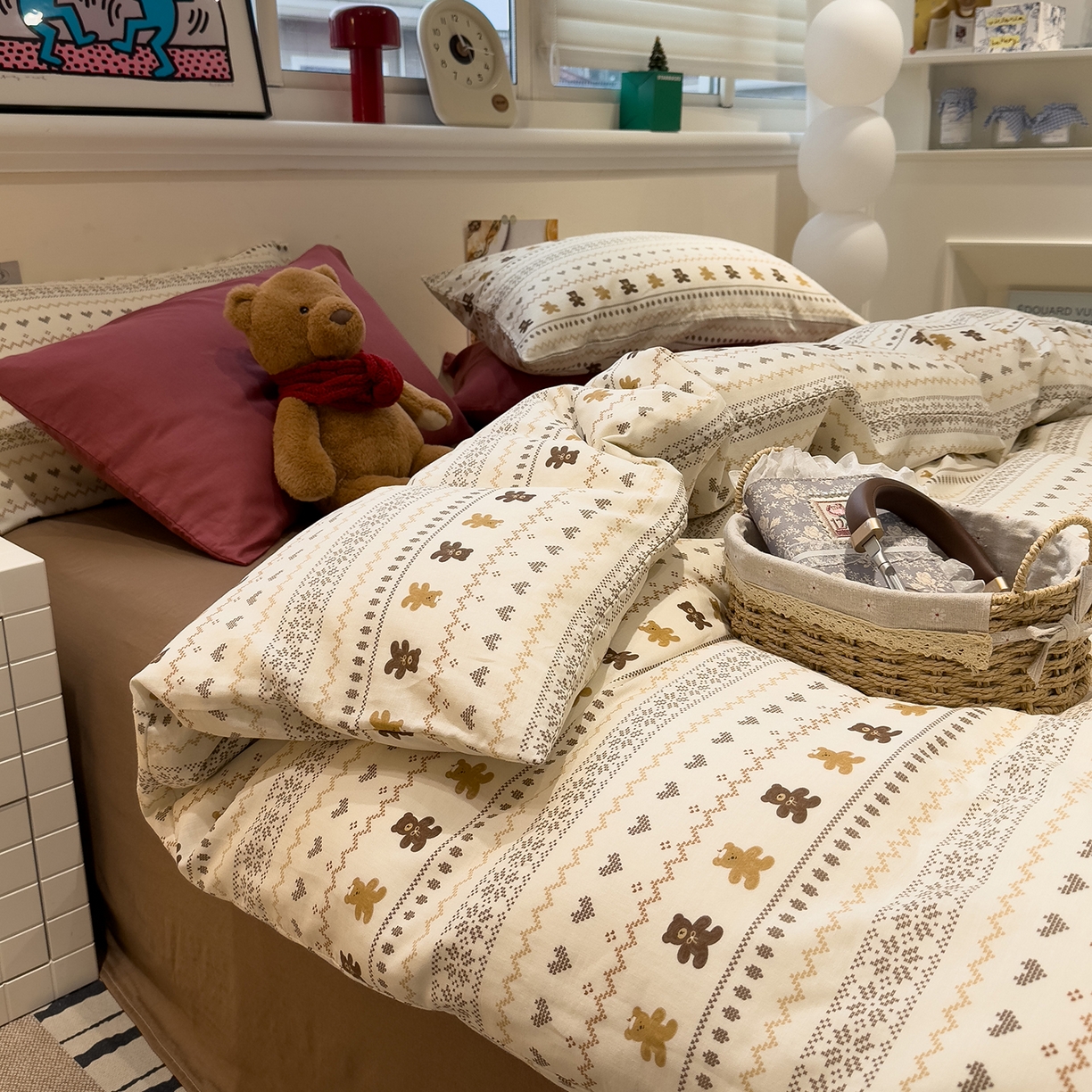 91家纺网 家纺一手货源 找家纺 呗旺鹿 2026新款全棉撞色双层纱四件套 双层纱-费尔岛小熊