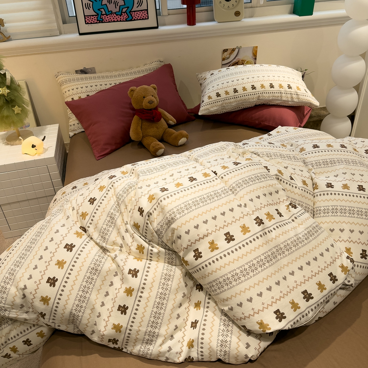 91家纺网 家纺一手货源 找家纺 呗旺鹿 2026新款全棉撞色双层纱四件套 双层纱-费尔岛小熊