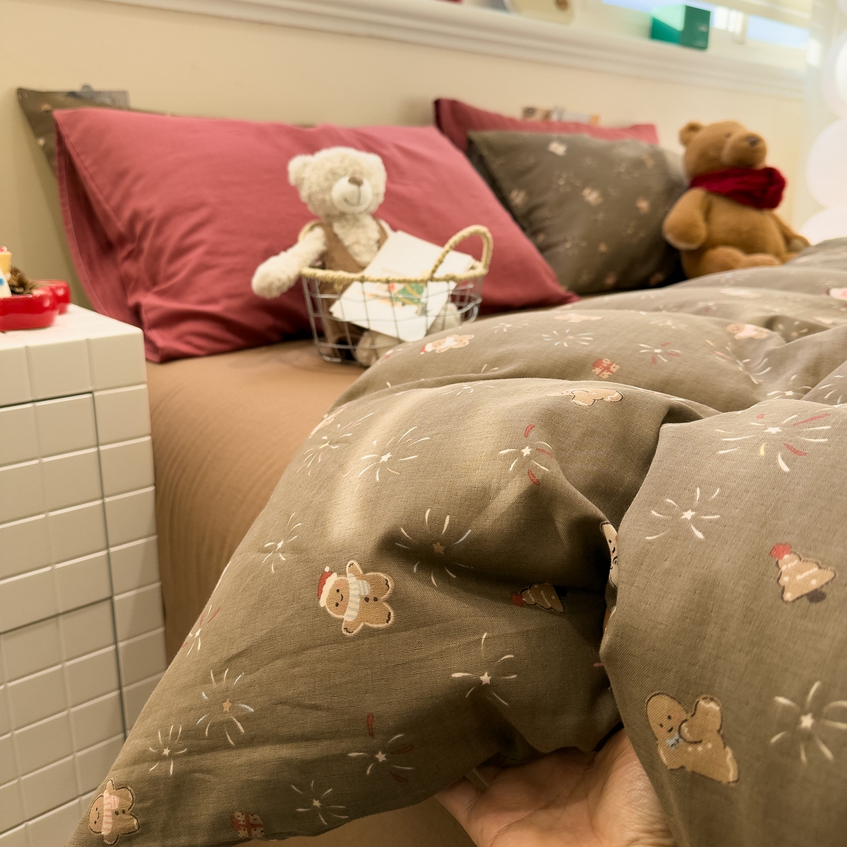 91家纺网 家纺一手货源 找家纺 呗旺鹿 2026新款全棉撞色双层纱四件套 双层纱-姜饼人