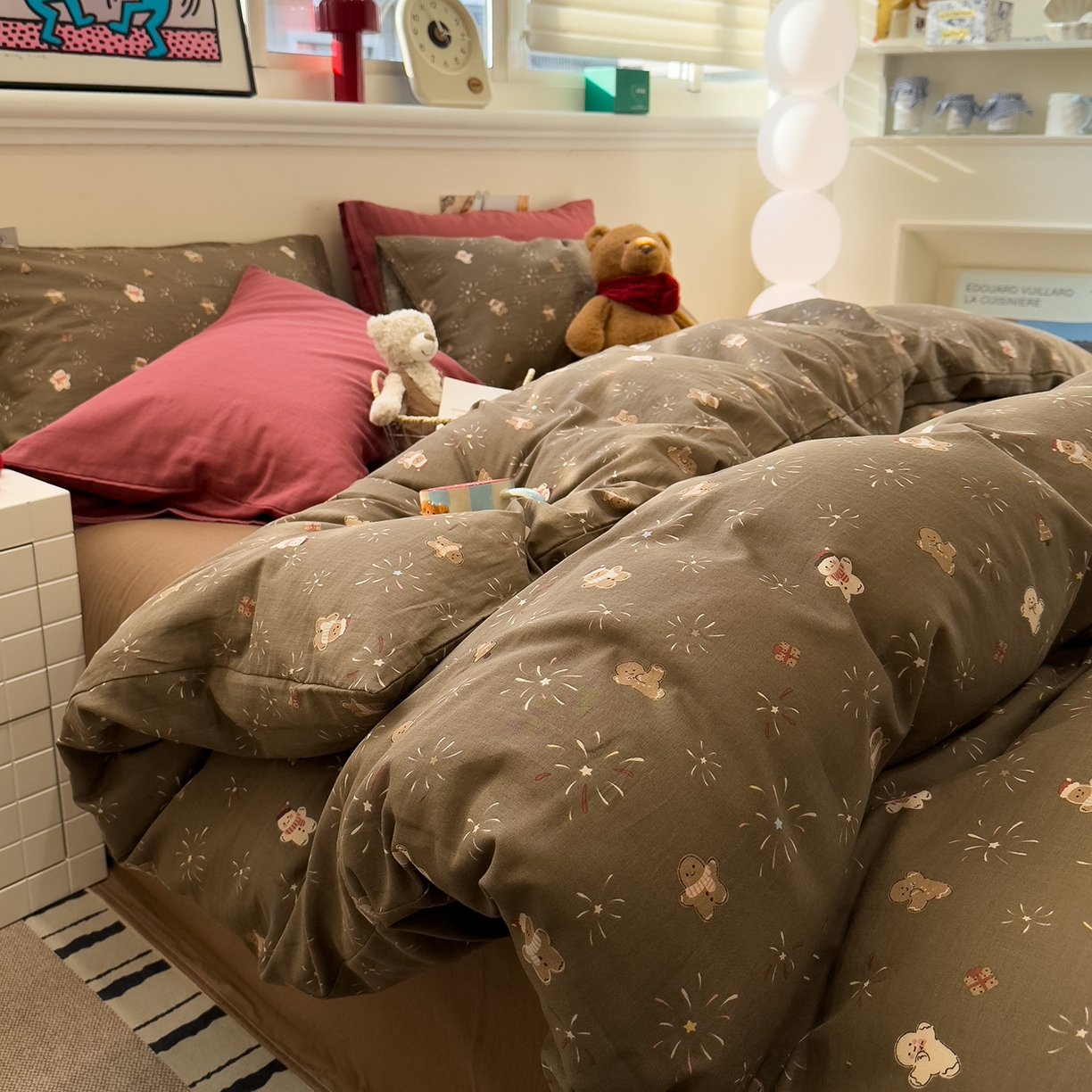 91家纺网 家纺一手货源 找家纺 呗旺鹿 2026新款全棉撞色双层纱四件套 双层纱-姜饼人