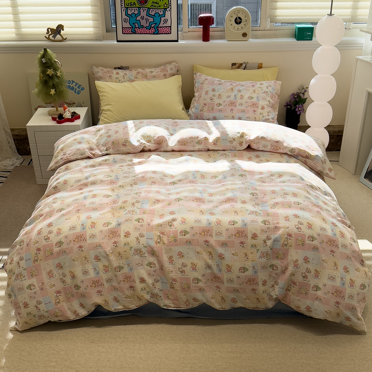 91家纺网 家纺一手货源 找家纺 呗旺鹿 2026新款全棉撞色双层纱四件套 双层纱-魔法兔