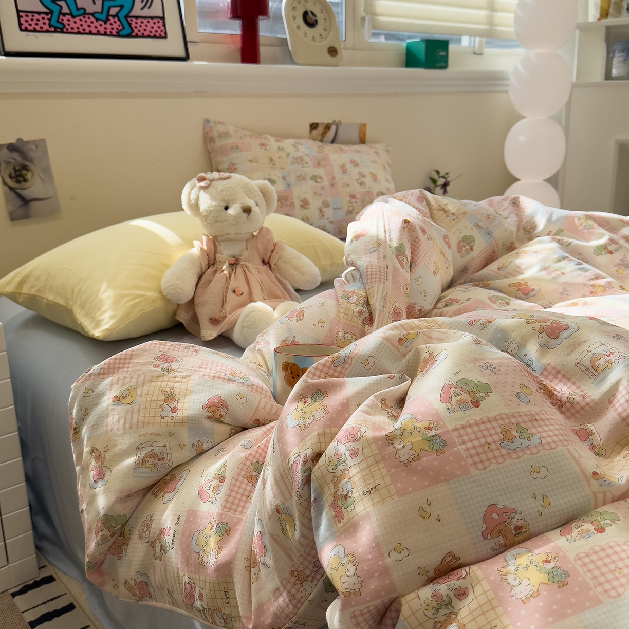 91家纺网 家纺一手货源 找家纺 呗旺鹿 2026新款全棉撞色双层纱四件套 双层纱-魔法兔