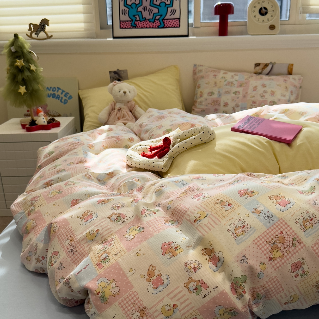 91家纺网 家纺一手货源 找家纺 呗旺鹿 2026新款全棉撞色双层纱四件套 双层纱-魔法兔