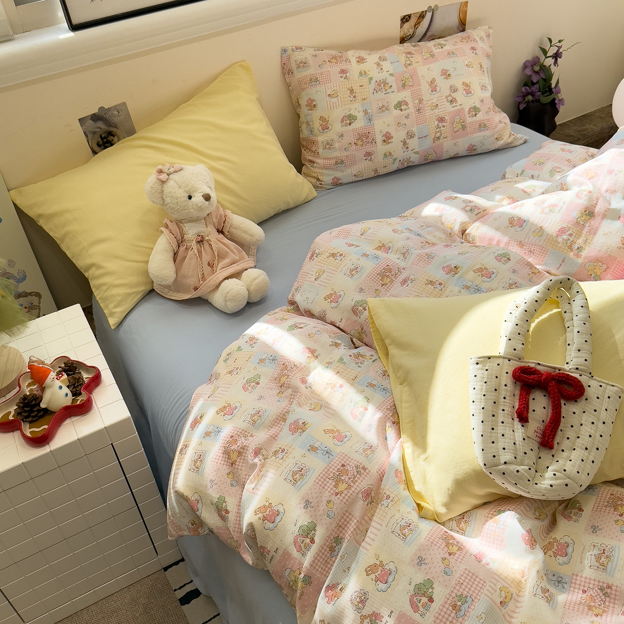 91家纺网 家纺一手货源 找家纺 呗旺鹿 2026新款全棉撞色双层纱四件套 双层纱-魔法兔