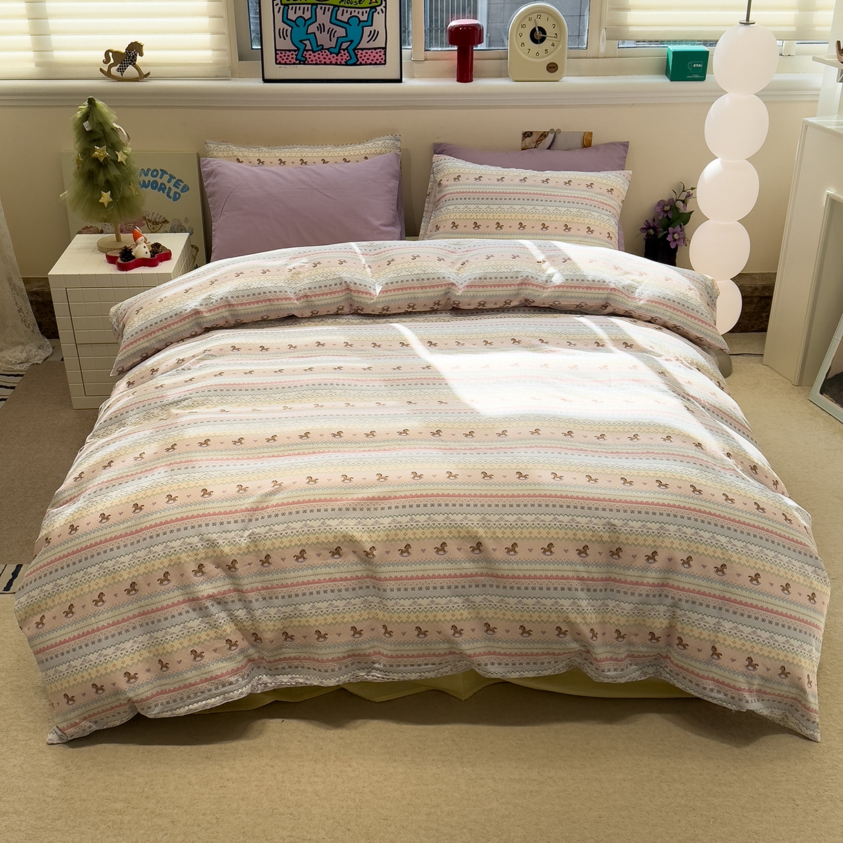 91家纺网 家纺一手货源 找家纺 呗旺鹿 2026新款全棉撞色双层纱四件套 双层纱-千禧马