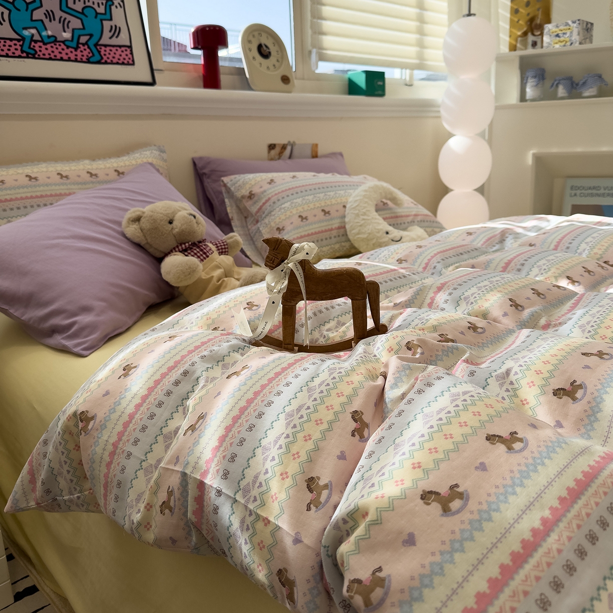 91家纺网 家纺一手货源 找家纺 呗旺鹿 2026新款全棉撞色双层纱四件套 双层纱-千禧马