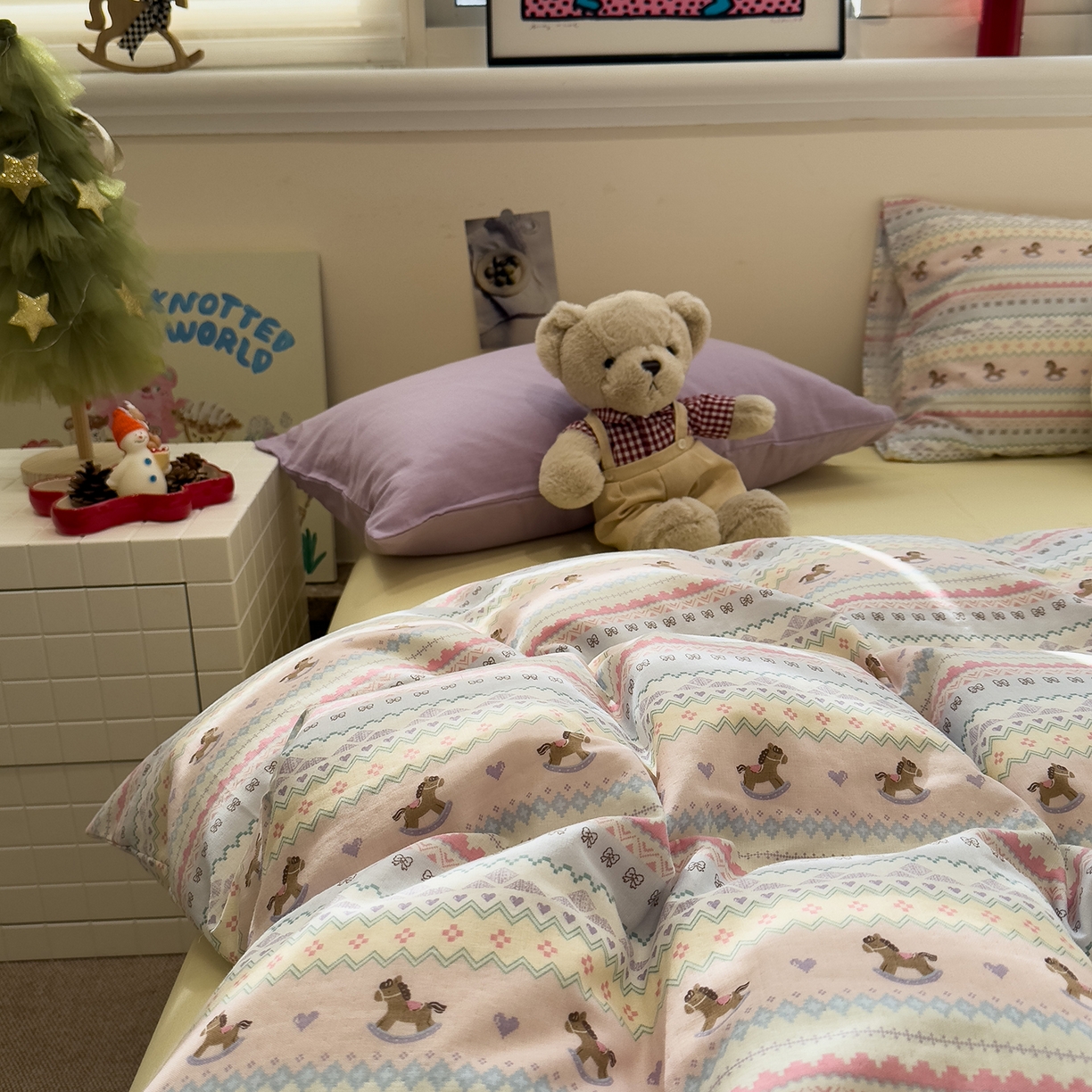 91家纺网 家纺一手货源 找家纺 呗旺鹿 2026新款全棉撞色双层纱四件套 双层纱-千禧马