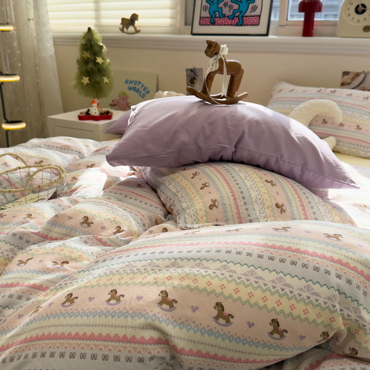 91家纺网 家纺一手货源 找家纺 呗旺鹿 2026新款全棉撞色双层纱四件套 双层纱-千禧马