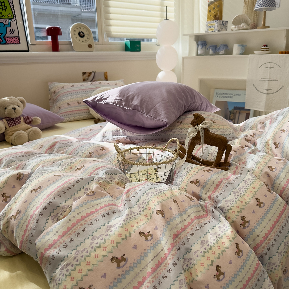 91家纺网 家纺一手货源 找家纺 呗旺鹿 2026新款全棉撞色双层纱四件套 双层纱-千禧马