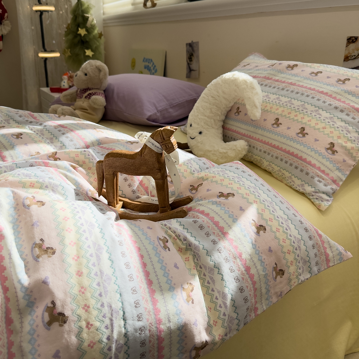 91家纺网 家纺一手货源 找家纺 呗旺鹿 2026新款全棉撞色双层纱四件套 双层纱-千禧马