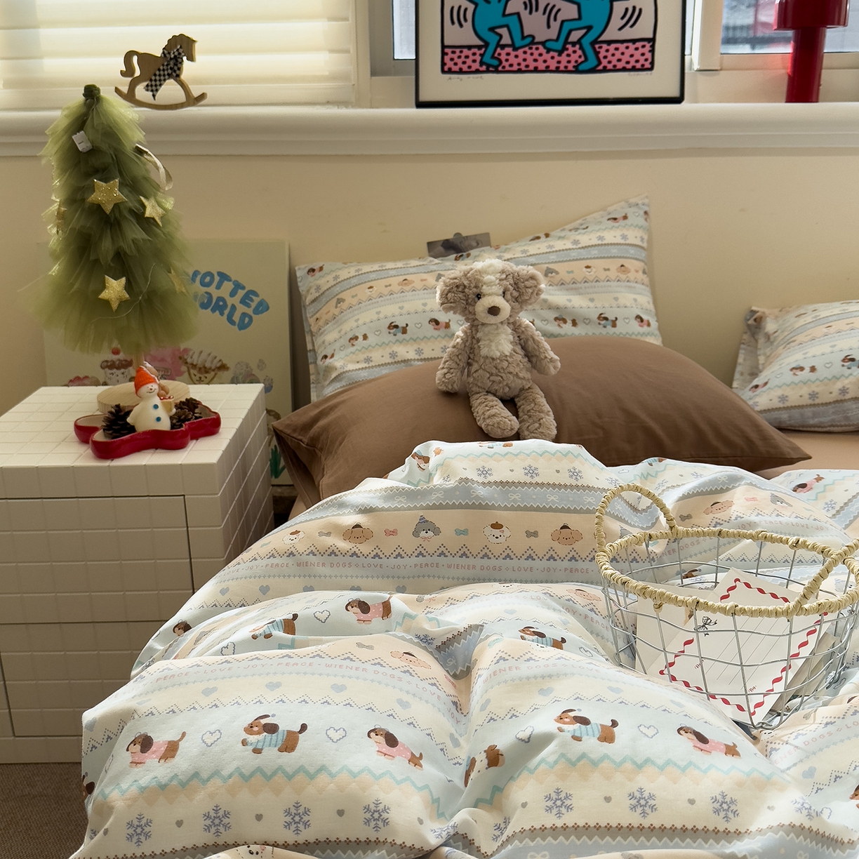 91家纺网 家纺一手货源 找家纺 呗旺鹿 2026新款全棉撞色双层纱四件套 双层纱-雪花小狗