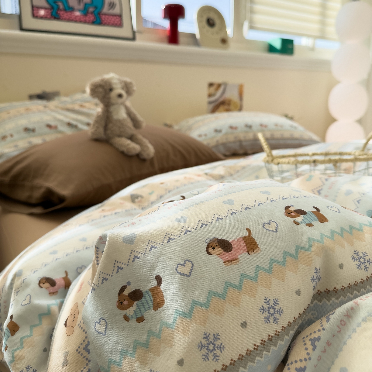 91家纺网 家纺一手货源 找家纺 呗旺鹿 2026新款全棉撞色双层纱四件套 双层纱-雪花小狗