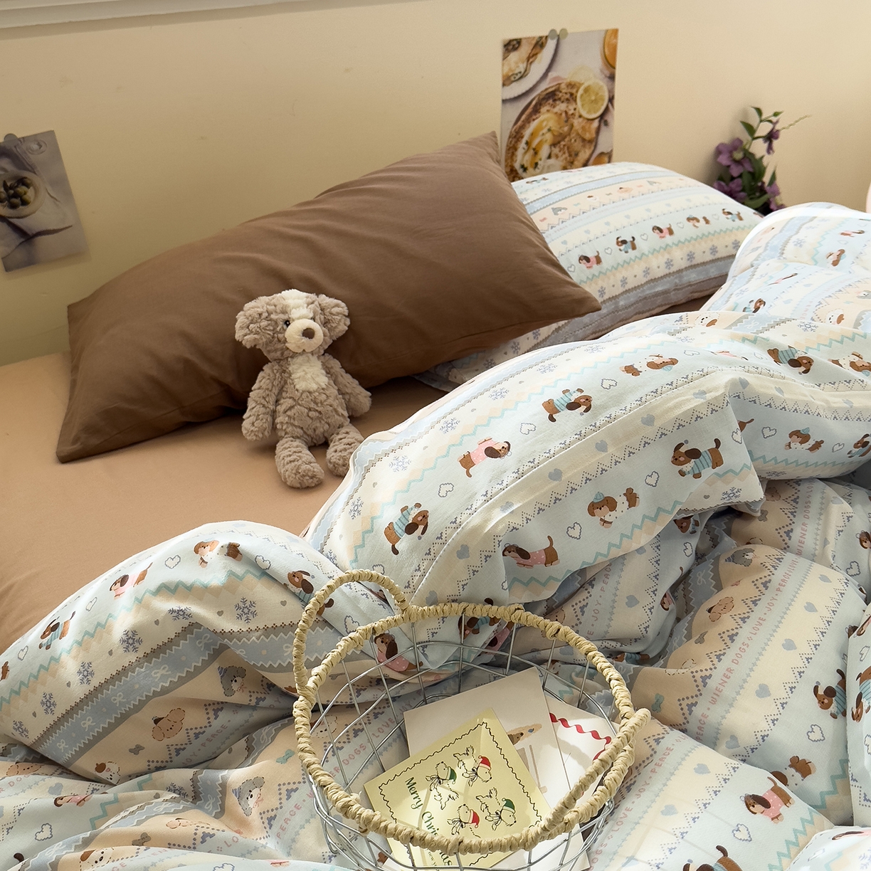 91家纺网 家纺一手货源 找家纺 呗旺鹿 2026新款全棉撞色双层纱四件套 双层纱-雪花小狗