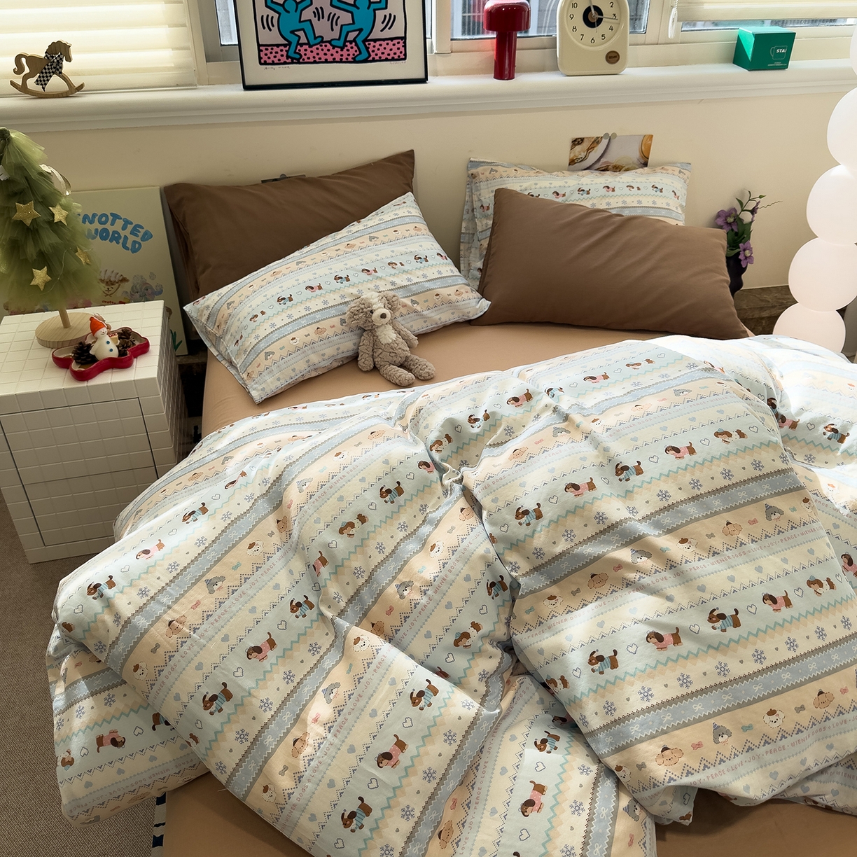 91家纺网 家纺一手货源 找家纺 呗旺鹿 2026新款全棉撞色双层纱四件套 双层纱-雪花小狗